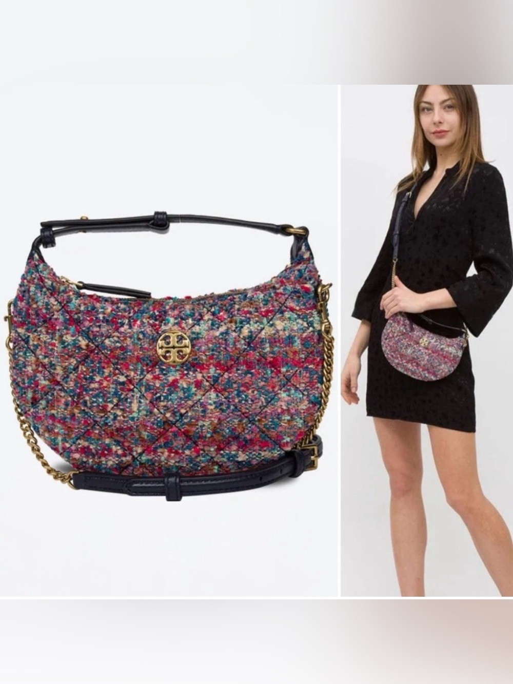 Tory Burch Willa Tweed Mini Crescent Bag in Multi Colored Pinks and Blues!